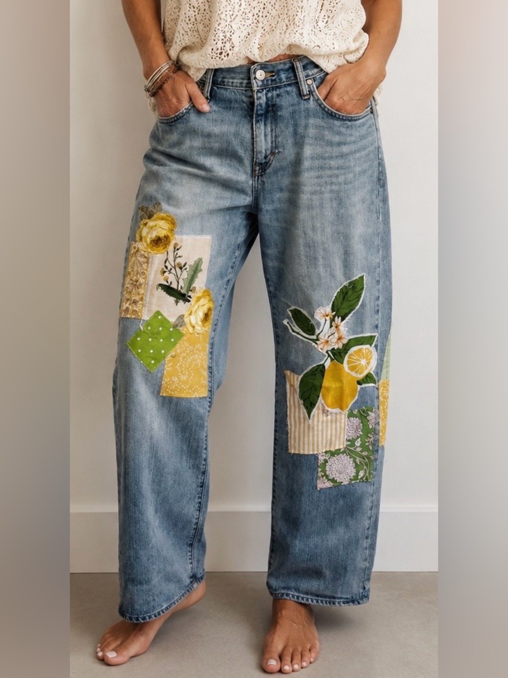 Upcycled baggy Straight-Leg Jeans with Yellow Floral & Lemon Patchwork